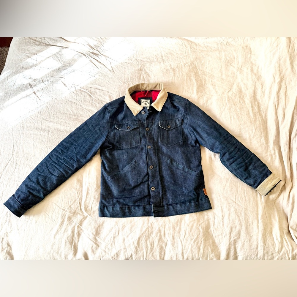 Iron & Resin Harris Denim Jacket with Red Plaid Lining and tan corduroy